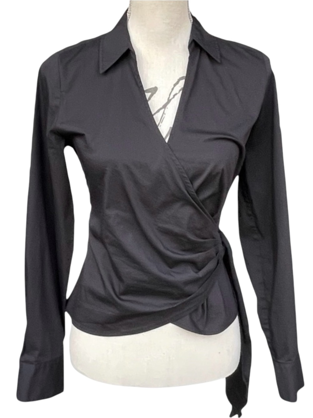 Halogen Black Stretch Cotton V-Neck Collared Long Sleeve Wrap Blouse Top (XS)